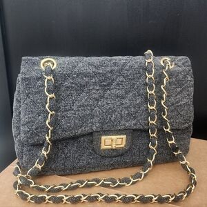 Hello 3am Flap Bag In Black Heathered Denim Puff Diamond Stitching Gold Hardware